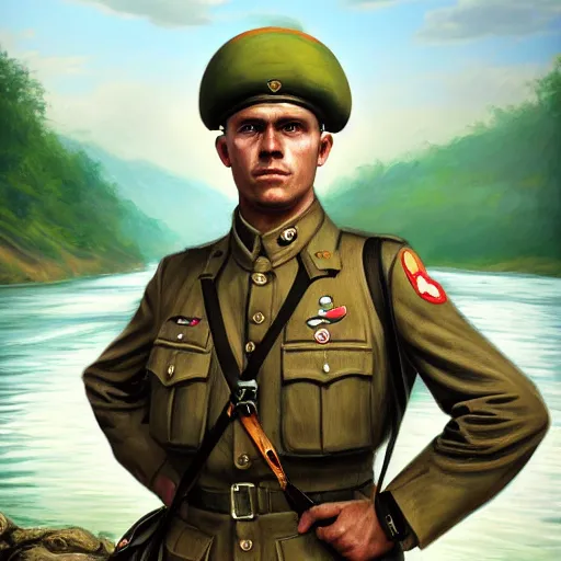 Image similar to A Hearts of Iron IV portrait of a soldier in front of a river. Highly detailed, fine Art, high detail, great lighting, 8k resolution, masterpiece, concept art, illustration, clear eyes, painting oil on canvas, octane render, HDR, trending on artstation, 4k, 8k, HD