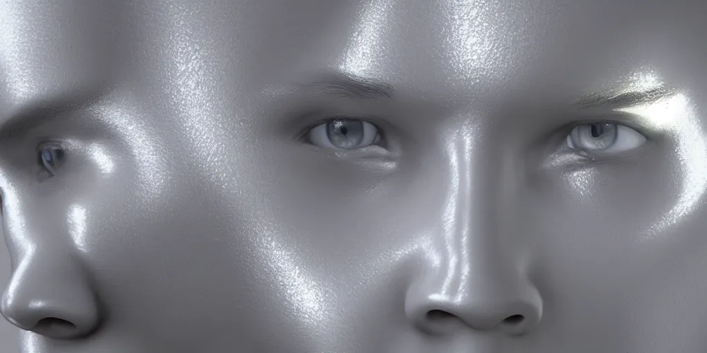 Image similar to human face made of perfect mirror, silver mirror, mirror skin, reflections, reflections, 3 d rendering, hdr, hdr, octane rendering, maya rendering, path tracing, occlusion, global illumination, sun flares, vsx, vsx, cgi, smooth shadows, insanely detailed, 8 k, high resolution, kinematics.