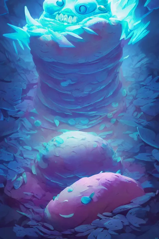 Image similar to smurf ghost creature animal sushi cristal very big eye roots cactus elemental flush of force nature micro world fluo fishscale, behance hd by jesper ejsing, by rhads, makoto shinkai and lois van baarle, ilya kuvshinov, rossdraws radiating a glowing aura global illumination ray tracing hdr