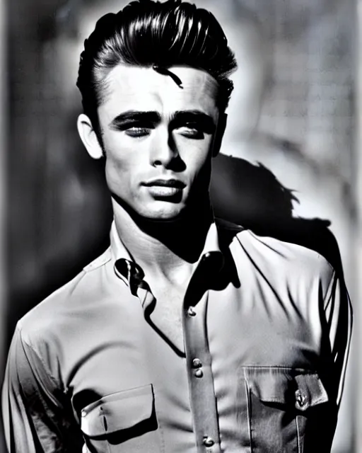 Image similar to genetic cross between james dean and sean connery : : handsome young man with pompadour, sideburns, and slight mullet : : sharp cheekbones, dimpled cheeks and chin, soulful blue eyes, stern lips : : professional color photograph, dynamic lighting, highly detailed