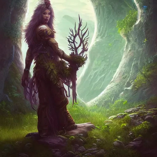 Image similar to portrait of a futuristic druid in a natural scene. beautiful and very detailed digital art. high quality render. trending on artstation.