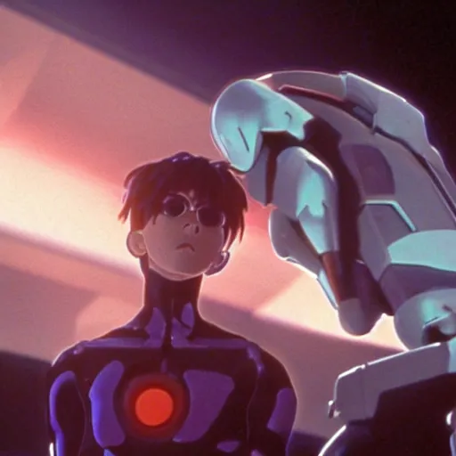 Prompt: movie still of a cyborg evangelion, cinematic composition, cinematic light, warm lighting criterion collection, by edgar wright and edgar allan poe