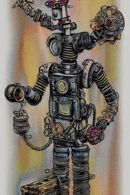 Prompt: rosie the robot steampunk style watercolor matte