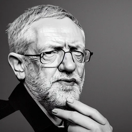 Prompt: Artistic black and white photograph of a pregnant Jeremy Corbyn