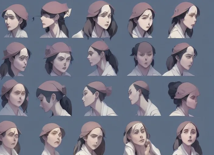 Prompt: 1 8 5 5 nurse, character face study, multiple angles, directions and moods. faces only, concept art finely detailed perfect art, painted by greg rutkowski makoto shinkai takashi takeuchi studio ghibli, pinterest, cevagraf comics