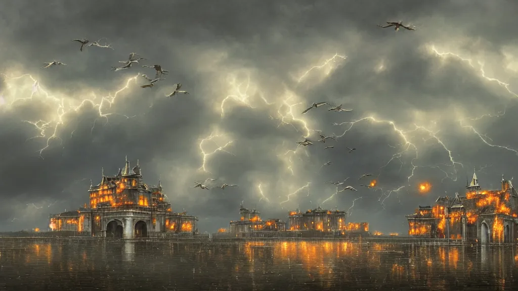 Image similar to a cinematic cityscape photograph of a flock of birds in the sky above a floating castle, a fiery dragon flys in the sky, thunder and lightning, lee madgwick