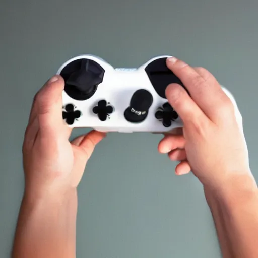 Image similar to a video game controller merging with someone's head, while they are still holding onto the controller,