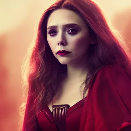 Image similar to Elizabeth Olsen as the Scarlet Witch in emo attire and heavy alt makeup, trending on artstation, gloomy atmosphere, photorealistic facial features, 4k, 8k