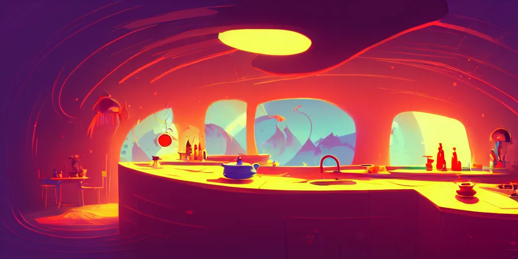 Prompt: naive nerikomi, weird perspective, extra narrow, detailed vector art of a kitchen dim lit by flashlight in a scenic spiral environment by anton fadeev from lorax movie, trending artstation
