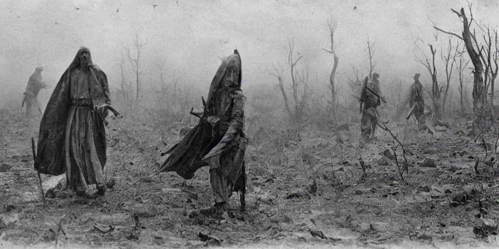 Image similar to scary unproportionable tall ghost creature in the middle of a battlefield, 1900s picture