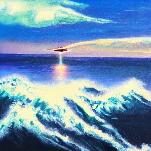 Prompt: a ufo flying close to the water out in the ocean, oil painting, rough waves, mysterious, ambient lighting,