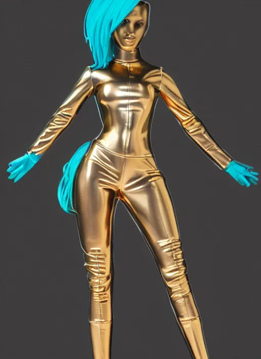 Prompt: accurate detailed pvc inflatable gold & teal colored female fashion figure god, full body, futuristic, concept art, character only, detailed art, adidas streetwear, figurine!!!, studio lighting, grey background, no shadow, trending on artstation, 4 k, sharp, highly - detailed, focus on face!!!