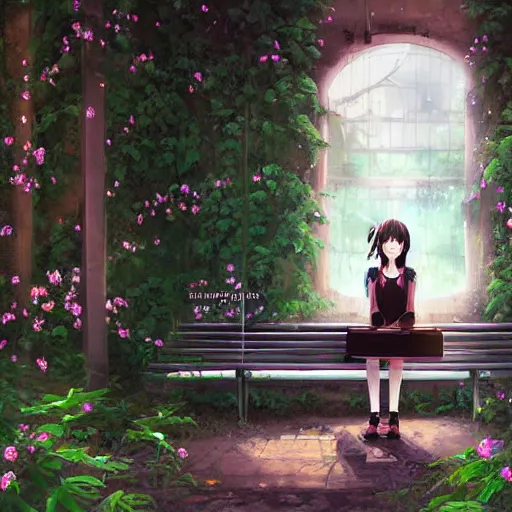 Image similar to advanced digital art. A beautiful girl is sitting on a bench reading in an abandoned train station overgrown with vines and flowers. Digital Anime painting. Sakimichan, WLOP, RossDraws, pixivs, Makoto Shinkai. —H 2160