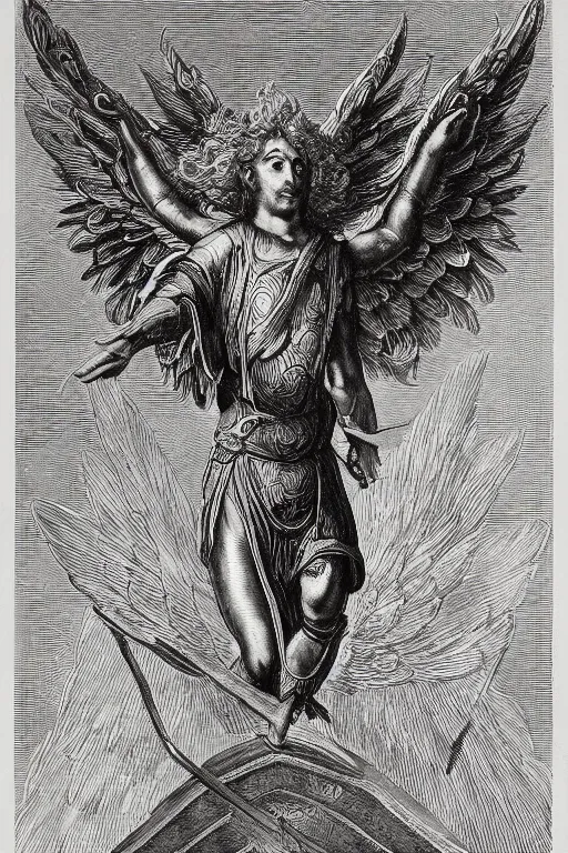 Prompt: A copper engraving of a beautiful michael the archangel with his wings spread triumphantly, glorious, HD, 4k, 8k, incredibly detailed, intricate, masterpiece,
