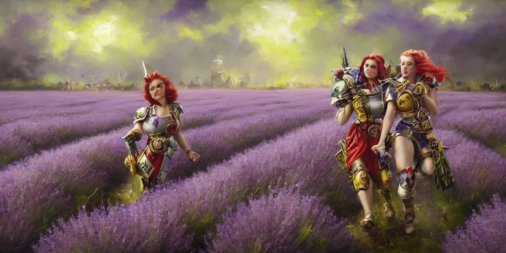 Image similar to warhammer 40k battle sisters in a lavander field. by Daniel F. Gerhartz, hyperrealistic oil painting, 4k, studio lightning, very detailed faces, rtx on