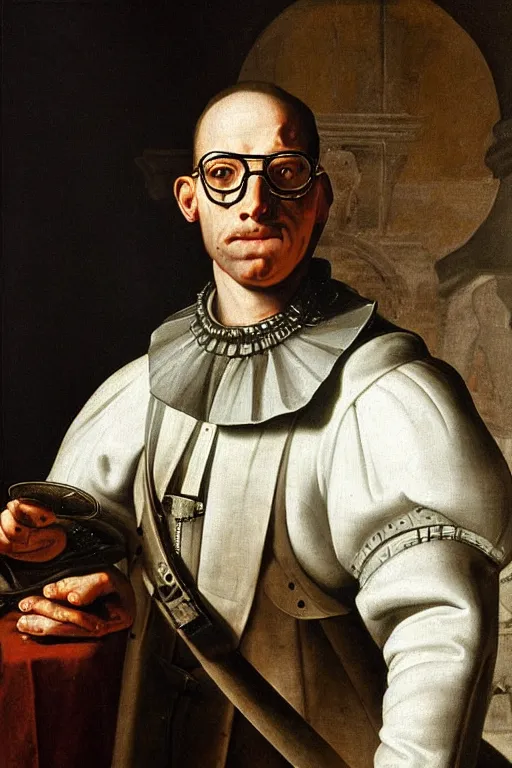 Prompt: “portrait of a cyborg quality assurance analyst wearing glasses, highly detailed, circa 1615, oil on linen, Chiaroscuro, painted by Giovanni Baglione”