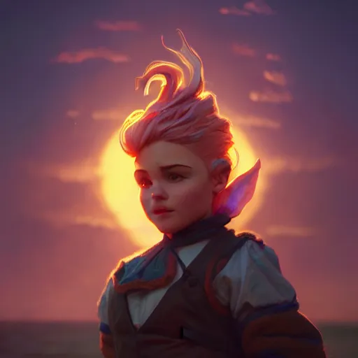 Image similar to a Photorealistic dramatic hyperrealistic gnome woman, pixie undercut hair, by WLOP,Artgerm,Greg Rutkowski,Alphonse Mucha, Beautiful dynamic dramatic bright sunset lighting,shadows,cinematic atmosphere,Artstation,concept design art,Octane render,8k