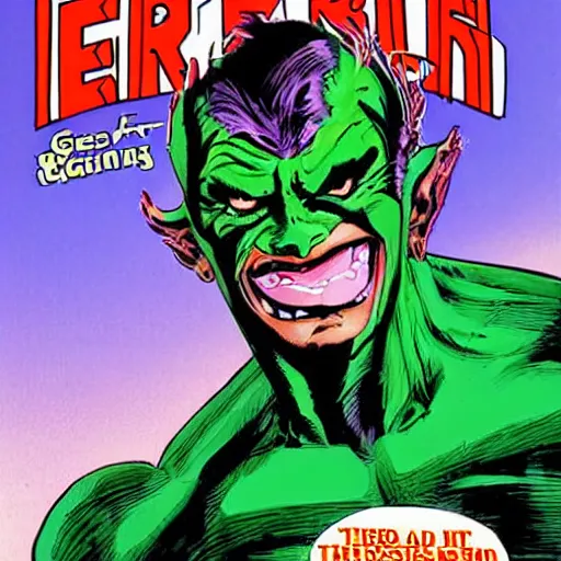 Prompt: Ted Cruz as the Green Goblin in 1990s comic cover illustration, bust