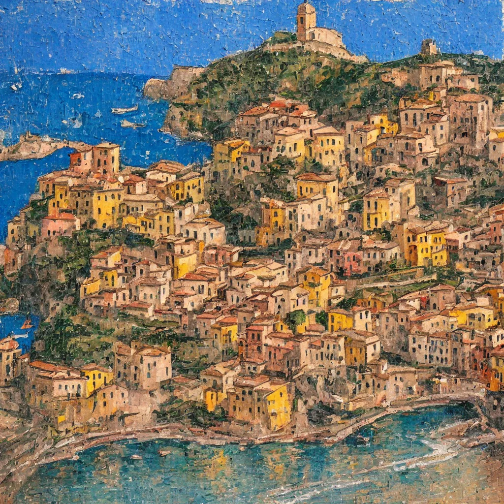 Image similar to ,Atrani Italy,thick heavy impasto,expressive impressionist style,painted with a palette knife