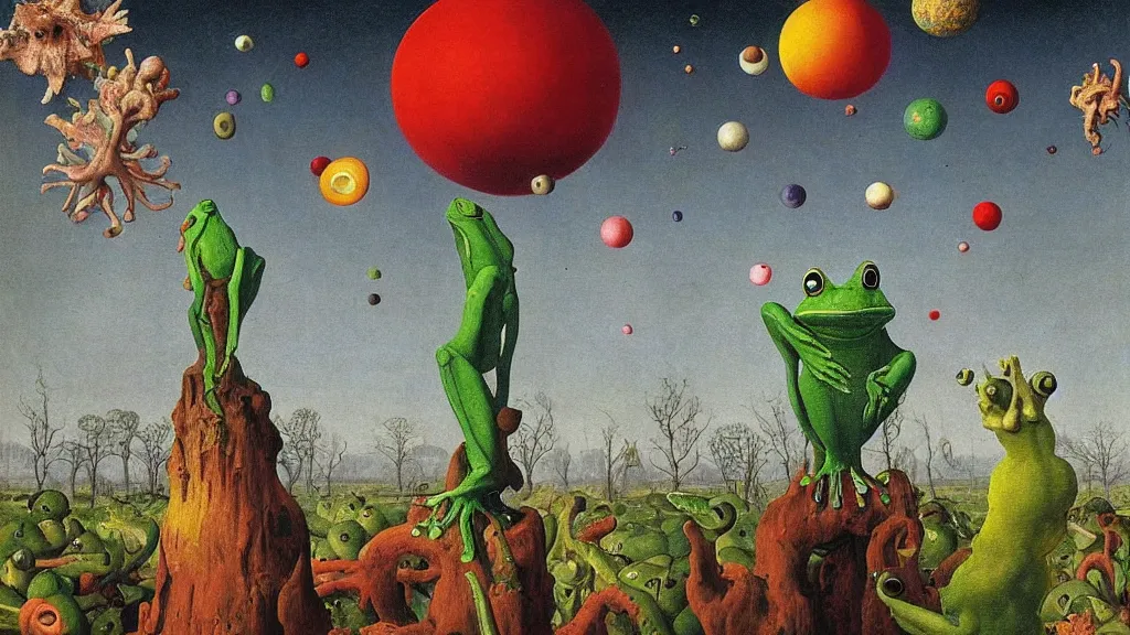 Prompt: @ frog surrounded by a single colorful! ( lovecraftian ) humanoid fungus tower white! clear empty sky, a high contrast!! ultradetailed photorealistic painting by jan van eyck, audubon, rene magritte, agnes pelton, max ernst, walton ford, andreas achenbach, ernst haeckel, hard lighting, masterpiece