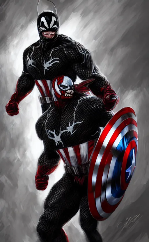 Image similar to full body portrait of venom as captain america, dynamic lighting, cinematic, ultra detailed, trending on art station, stunning visuals, creative, fantasy concept art