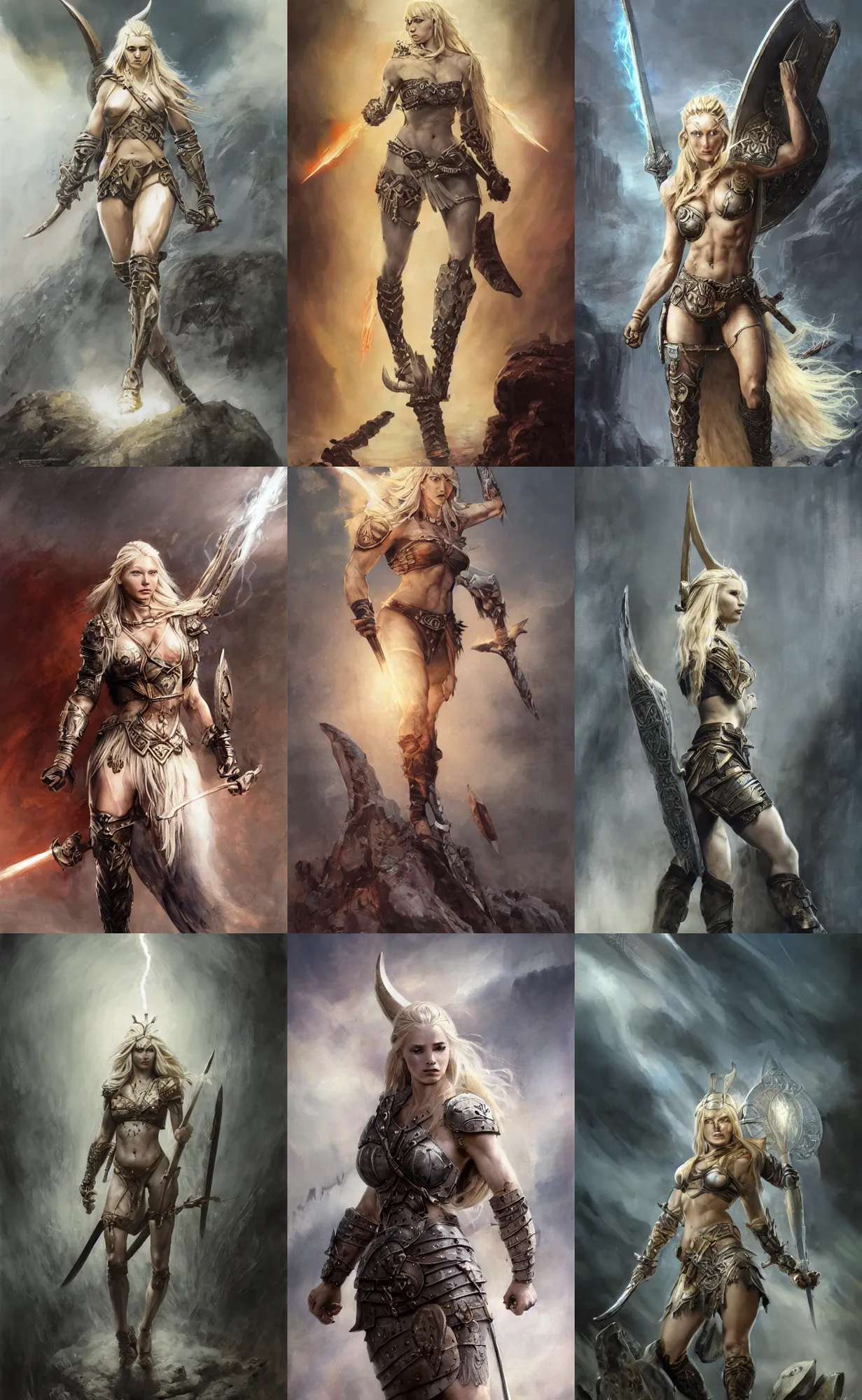 Prompt: A mixed media painting of the beautiful blonde viking goddess of war infused with lightning, walking into battle, very aesthetic, detailed face, by Frank Frazetta, Greg Rutkowski, Boris Vallejo, Beeple, Yoko Taro, Christian MacNevin, epic fantasy character art, goddess of anger, viking runes, high fantasy, CGsociety, full length, exquisite detail, post-processing, low angle, masterpiece, cinematic, odin's stone arena background