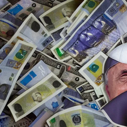 Image similar to A medium shot photograph of the pope laying on a huge pile of euro bills, 4k ultrahd