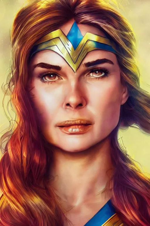 Image similar to portrait of a mix of beautiful young maria shriver, mariel hemmingway, brooke shields and elle macpherson as wonderwoman, thin lips, hair tied up in a pony tail, colorful artstation, cgsociety