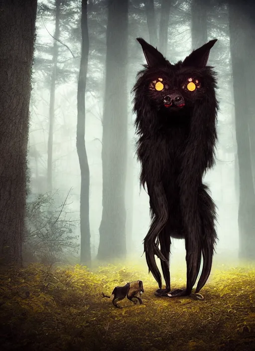 Image similar to a ominous furry creature with long twisted ears standing in a forest, big yellow glowing eyes, dark fantasy, michael kutsche, concept render, cinematic lighting