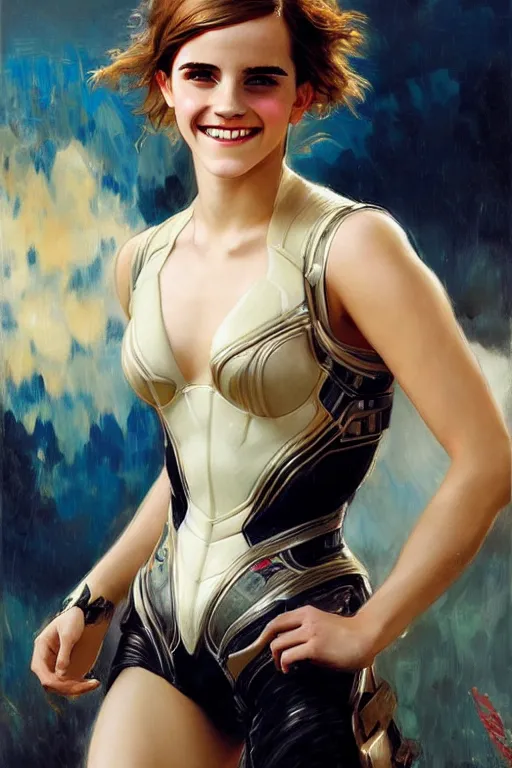 Prompt: emma watson smiling closeup portrait futuristic fractal fightsuit bustier gaston bussiere craig mullins j. c. leyendecker short wet hair