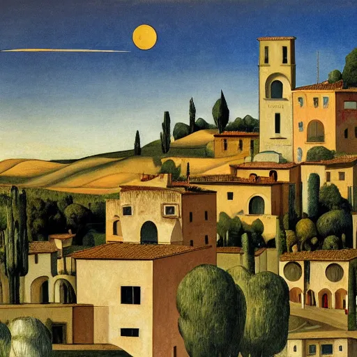 Image similar to solarpunk dreaming a toscana landscape with modern houses, painted by Giorgio de Chirico, highly detailed