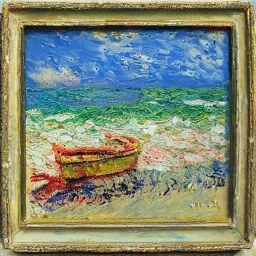 Image similar to oil paint impasto relief, beautiful painting of a sunny italian beach scene, multi layered thick brush marks, some splattered paint, in the style of monet and frank auerbach