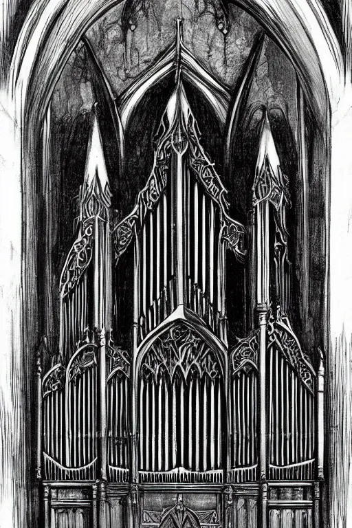 Image similar to a gothic pipe organ, graphic novel style by alan lee and john howe