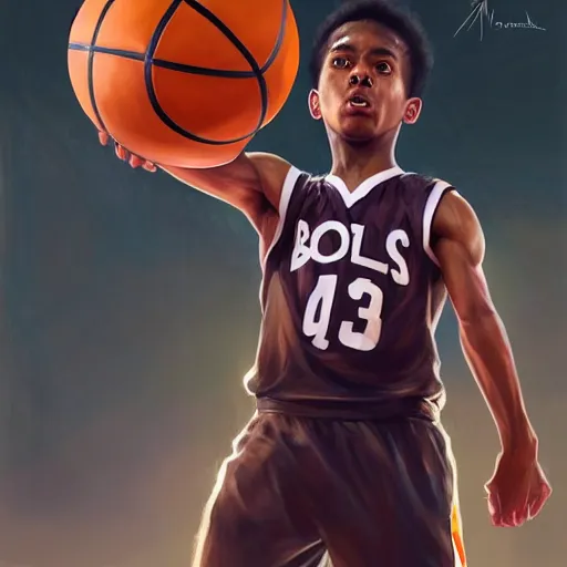 Image similar to portrait of a boy at a basketball court playing basketball wearing a basketball uniform in a basketball court standing near the basketball hoop, poised, intense emotion, detailed facial expression, detailed surroundings, intricate, elegant, highly detailed, centered, digital painting, artstation, concept art, smooth, sharp focus, illustration, by Peter Mohrbacher, WLOP