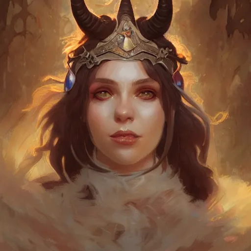 Image similar to cute Whimsical Tiefling Druid with cute horns , light-brown skin, D&D, fantasy, portrait, highly detailed, digital painting, artstation, concept art, sharp focus, illustration, art by greg rutkowski and alphonse mucha