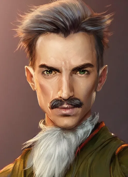 Image similar to young man with short white combover hair and moustache, dndbeyond, bright, colourful, realistic, dnd character portrait, full body, pathfinder, pinterest, art by ralph horsley, dnd, rpg, lotr game design fanart by concept art, behance hd, artstation, deviantart, hdr render in unreal engine 5