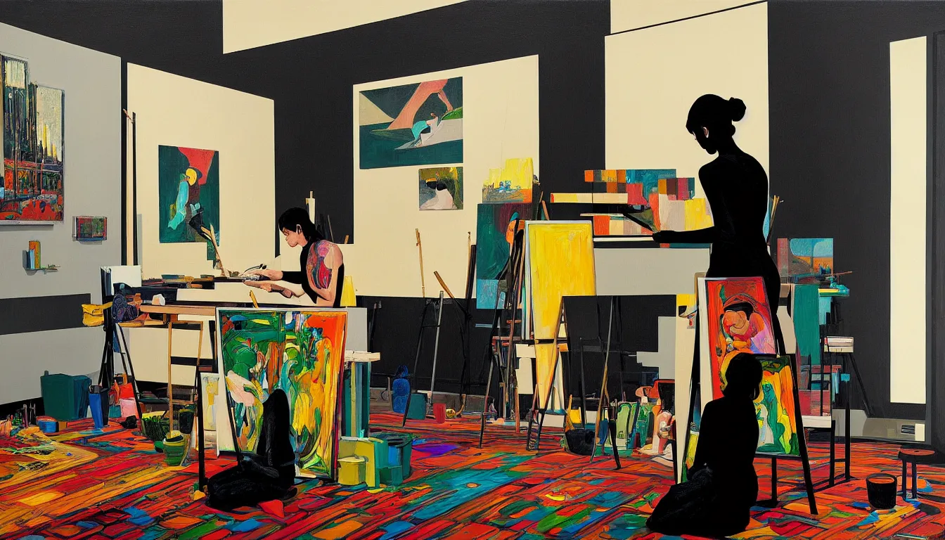 Prompt: female artist painting in her studio by dan mumford and peter doig and edward hopper, symmetrical, minimal, black ink, thick lines highly detailed, muted colours 8 k