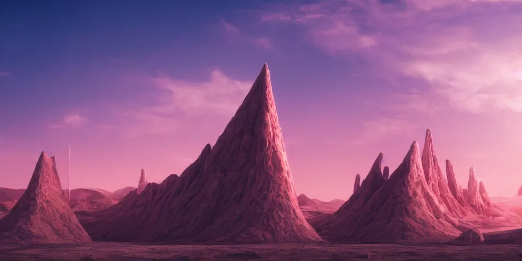 Image similar to artistic rendering of a cinematic shot of a scifi fantasy desertscape, beautiful pink sky, blue geometric tower with spires, processing the soul of an ancient alien