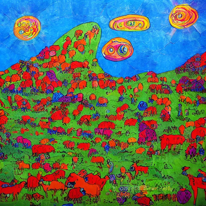 Prompt: a herd of sheep hopping over mountains of gigantic fruit, naivistic art, childrens drawing, outsider art, expressive, colorful