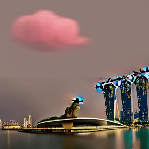 Image similar to Singapore Esplanade Marina Bay city with a lion-shaped cloud in the sky, by greg rutkowski, red and white lighting, digital art, ultra realistic, ultra detailed, photorealistic, 4k, character concept