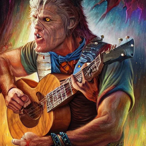 Image similar to detailed photo of a Half-orc bard portrayed by Gary Busey playing a lute on a wooden stage, 8k,by Tristan Eaton, Stanley Artgermm, Tom Bagshaw, Greg Rutkowski, Carne Griffiths, trending on DeviantArt, face enhance, hyper detailed ,full of color, dramatic lightning, epic stance