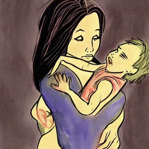 Image similar to woman saving the life of a child, art inspired by glen keane