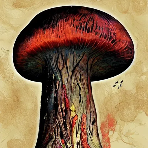 Image similar to psychedelic mushrooms psilocybin dream, by dave mckean