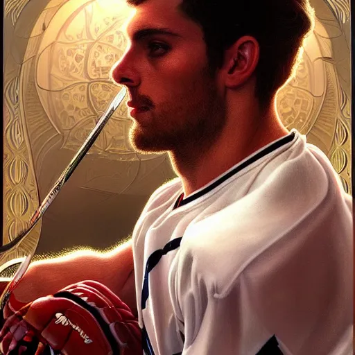 Prompt: 2005 portrait of former hockey player Lou Vairo, fantasy, intricate, elegant, highly detailed, digital painting, artstation, concept art, smooth, sharp focus, luxury fashion illustration, art by artgerm and greg rutkowski and alphonse mucha, brightly lit cinematic soft lighting, photorealistic