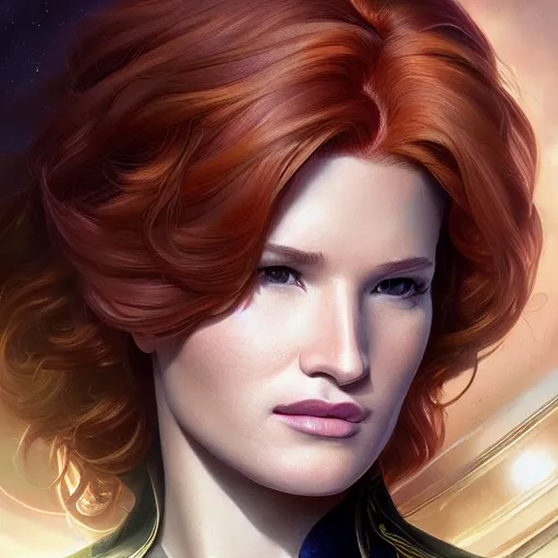 Prompt: ultra realistic illustration, bella thorne as captain janeway, intricate, elegant, highly detailed, digital painting, artstation, concept art, smooth, sharp focus, illustration, art by artgerm and greg rutkowski and alphonse mucha