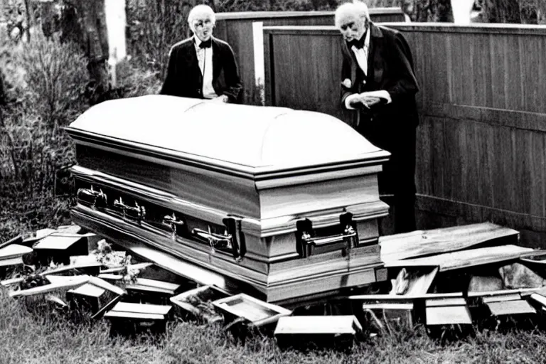 Prompt: a creepy old man playing a piano in the shape of a casket, with other caskets piled up in the back