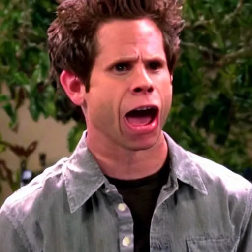 Image similar to dennis reynolds the golden god, untethered and his rage knowing no bounds