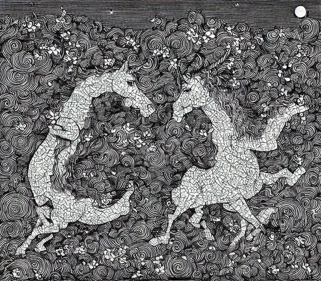 Prompt: Beautiful isometric print of a Beautiful Unicorn made out of geometric lego bricks in the darkness of outer space in the style of Albrecht Durer and Hiroshige and Hokusai, high contrast!! finely carved woodcut engraving black and white crisp edges