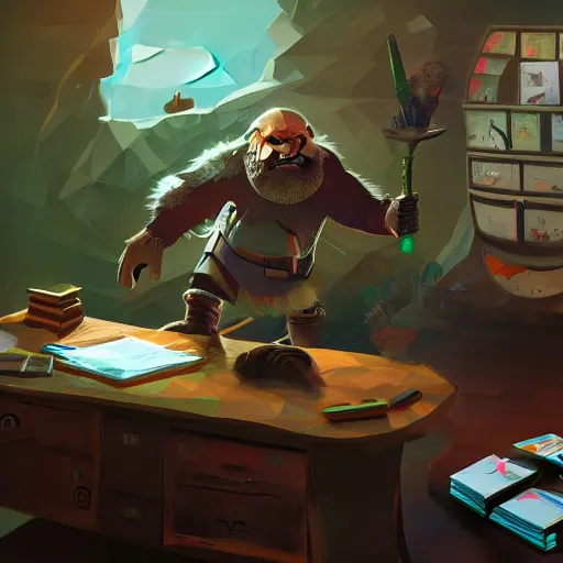 Image similar to A dwarf peeking over his desk surprised like Killroy, the desk is covered in scattered letters, deep rock galactic screenshot, low poly, digital art.