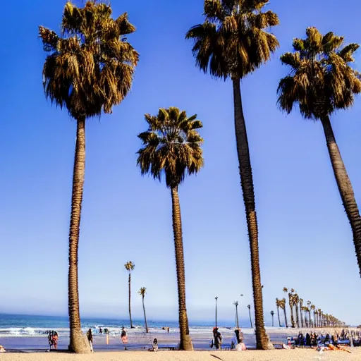 Prompt: a line of palm trees on a santa monica beach, line of palm trees recedes into distance, line of palm trees floats upright into blue sky, california